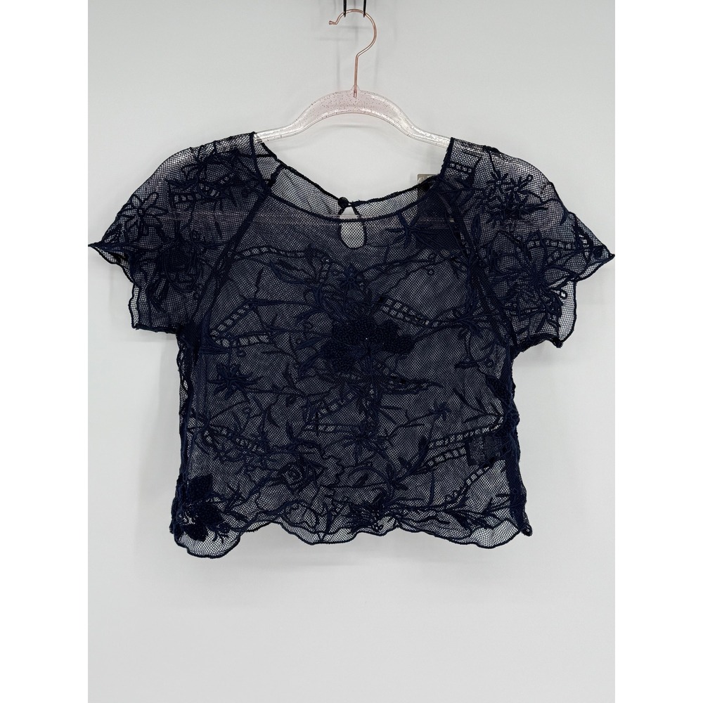 Anthropologie Vanessa Virginia Lace Top Navy Blue Floral Short Sleeve Blouse